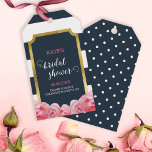 Pink Roses Blue Stripes Bridal Shower Gift Tags<br><div class="desc">Adorn your favour gifts with a personal touch; this chic bridal shower gift tags feature blue and white stripes, pink watercolor roses, a faux gold border and a patterned back side. Do take a look at my store to see other Bridal Shower matching items www.zazzle.com/RosewoodandCitrus?rf=238364477188679314 Personalise it by replacing the...</div>
