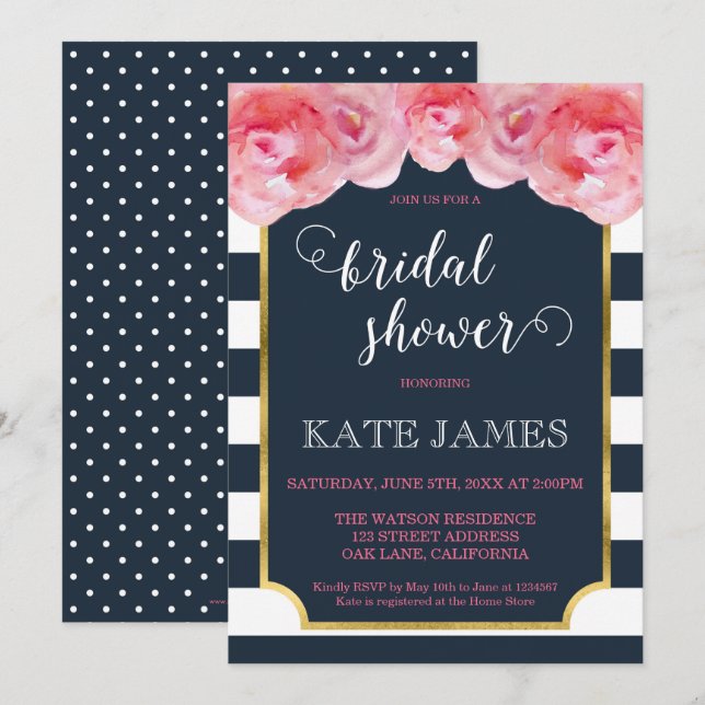 Pink Roses Blue Stripes Bridal Shower Invitation (Front/Back)