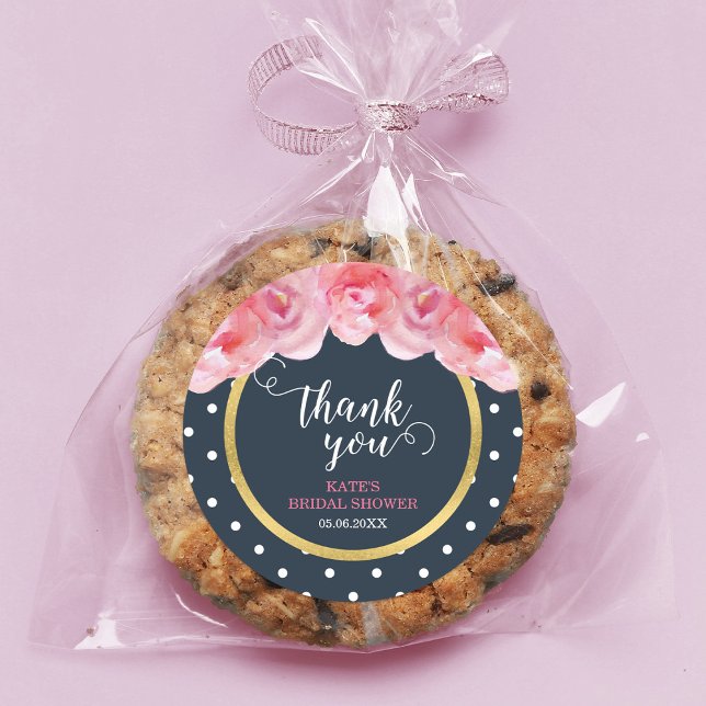 Pink Roses Blue White Polka Dots Thank You Classic Round Sticker (Creator Uploaded)