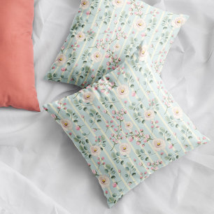 Pink Roses Blue White Stripes  Cushion