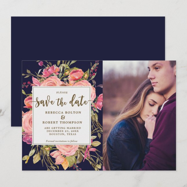 pink roses boho navy save the date photo card (Front/Back)