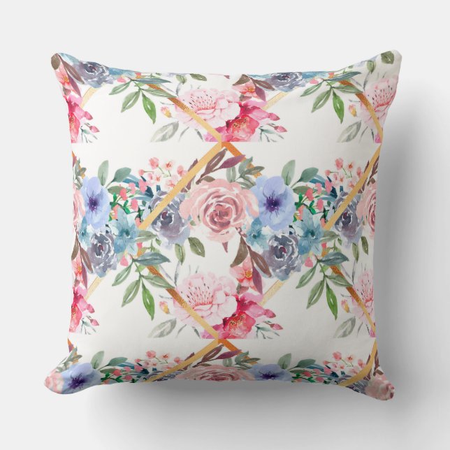 Pink,roses,boho,trellis,watercolour flowers art   cushion (Front)