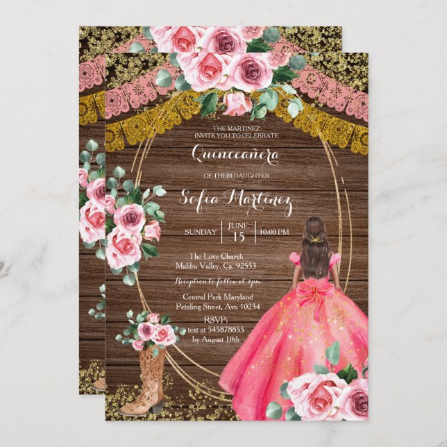 Pink Roses & Boots Charra Quinceanera 2 Invitation (Front/Back)