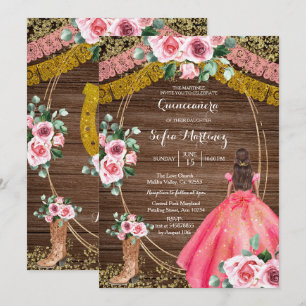 Pink Roses & Boots Charra Quinceanera 2 Invitation