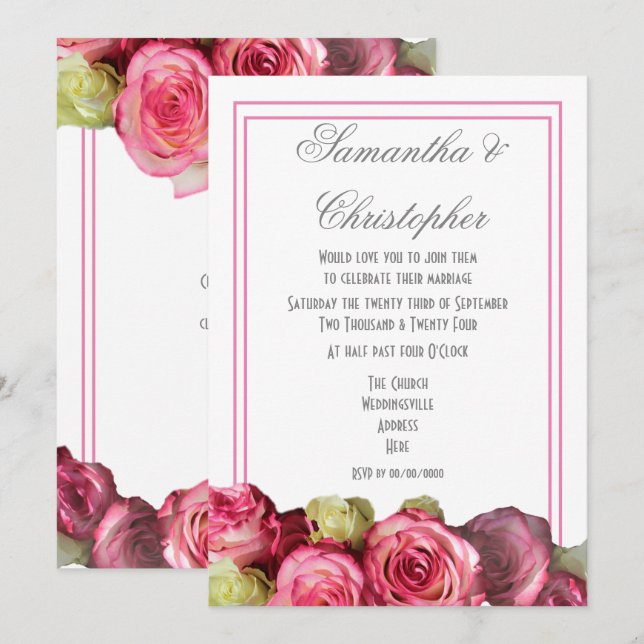 Pink roses border floral wedding invitation (Front/Back)