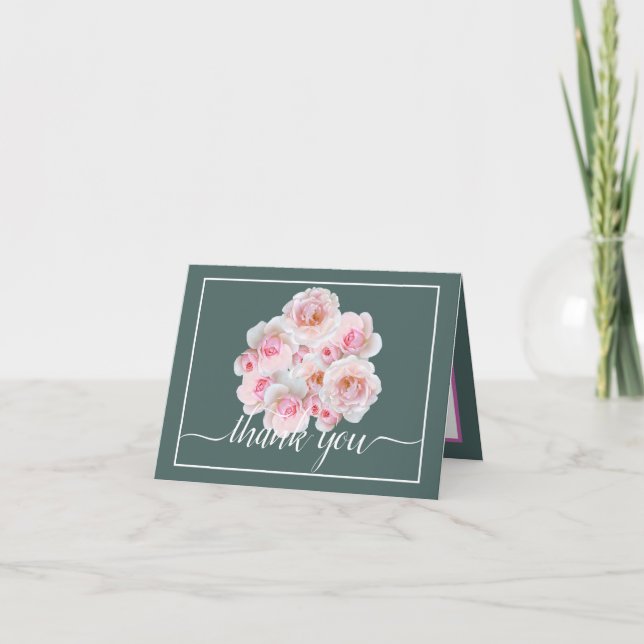 Pink Roses Botanical Floral Bouquet Chic Thank You Card (Front)