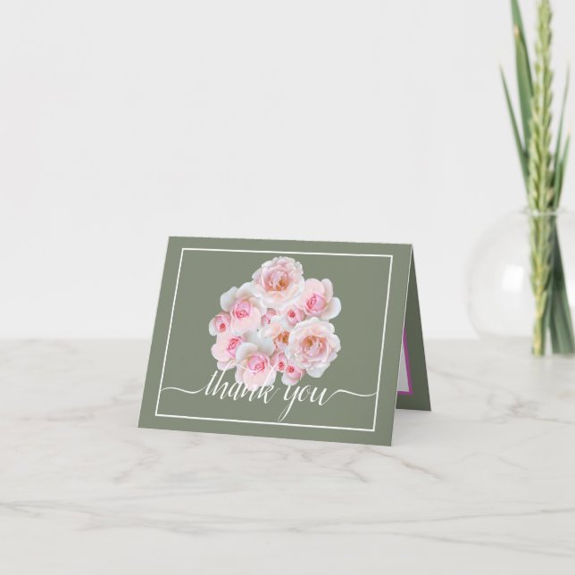 Pink Roses Botanical Floral Bouquet Chic Thank You Card (Front)