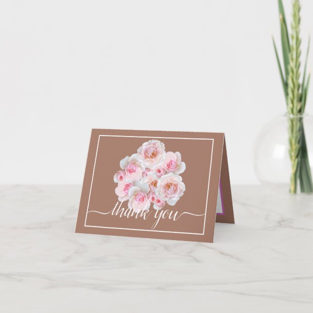 Pink Roses Botanical Floral Bouquet Chic Thank You Card (Front)