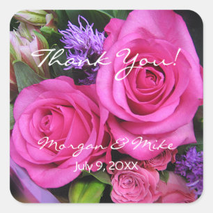 Pink Roses Bouquet, DIY Names & Date Square Sticker