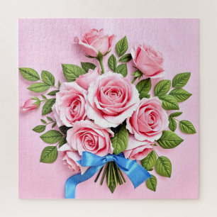 Pink Roses Bouquet Ribbon Illustration Jigsaw Puzzle