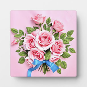 Pink Roses Bouquet Ribbon Illustration Plaque