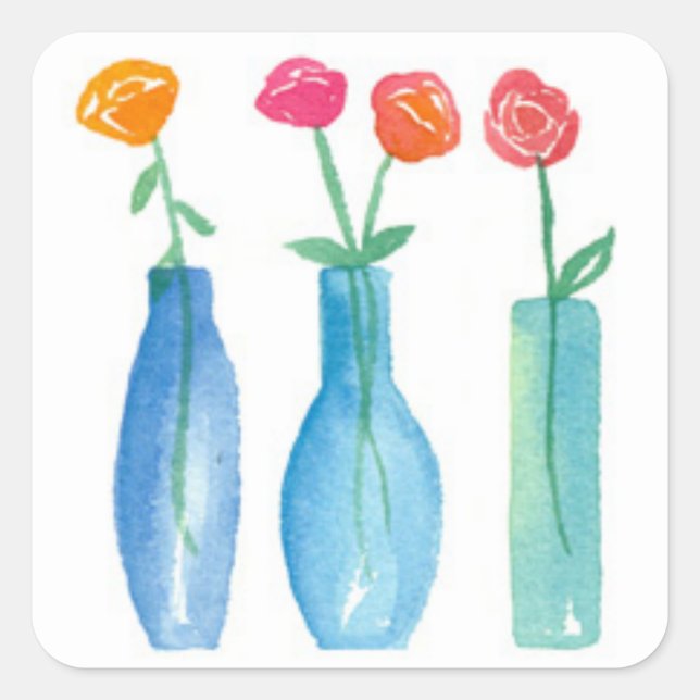 Pink Roses Bouquet Watercolor Flowers Square Sticker (Front)