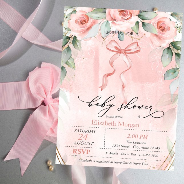  Pink Roses Bow Baby Shower  Invitation (Creator Uploaded)