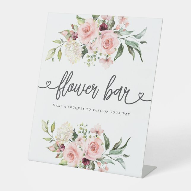 Pink Roses Bridal Shower Flower Bar  Pedestal Sign (Front)