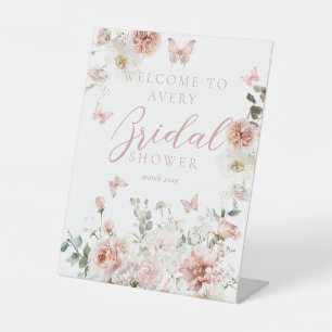 Pink Roses Butterflay Floral Bridal Shower Welcome Pedestal Sign