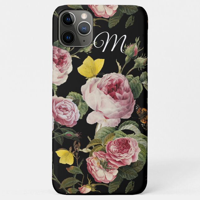 PINK ROSES, BUTTERFLIES Black Floral Monogram Case-Mate iPhone Case (Back)