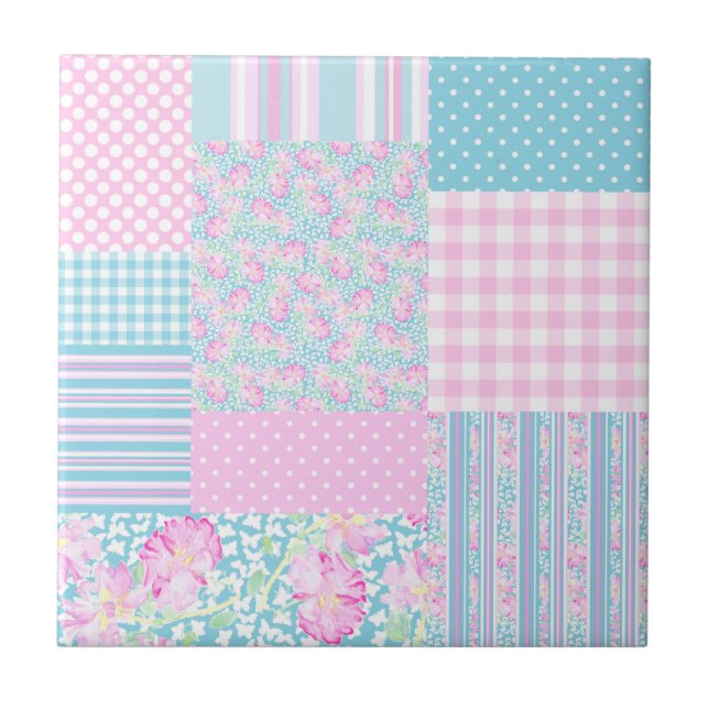 Pink Roses Butterflies Faux Patchwork Ceramic Tile (Front)