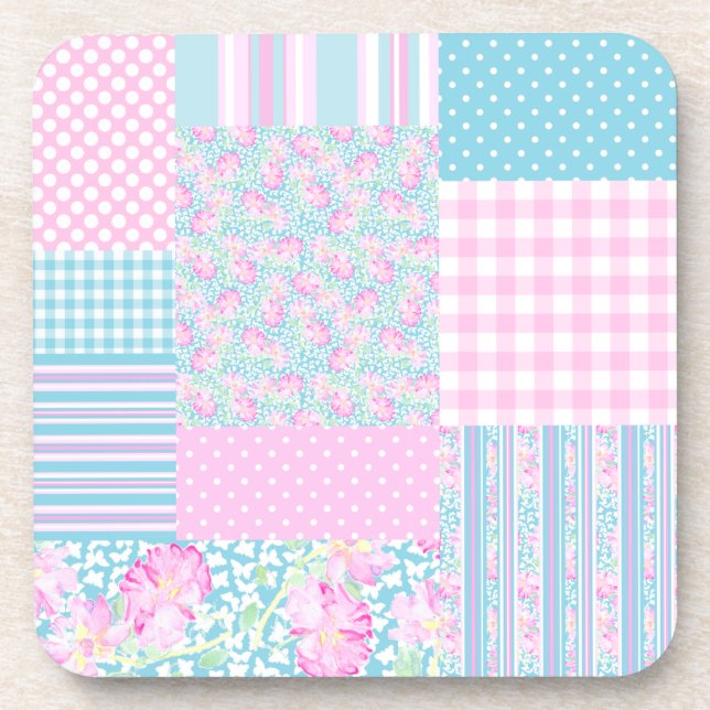 Pink Roses, Butterflies: Faux Patchwork Coasters (Front)