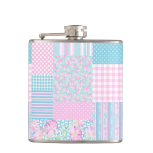 Pink Roses Butterflies Faux Patchwork Hip Flask