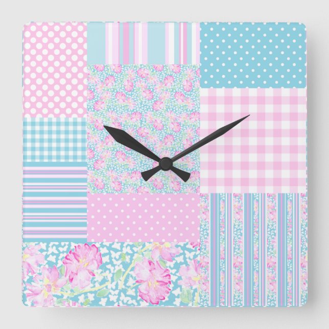 Pink Roses, Butterflies Faux Patchwork Wall Clock (Front)