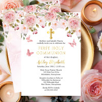 Pink Roses Butterflies Floral First Holy Communion