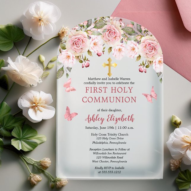 Pink Roses Butterflies Floral First Holy Communion Acrylic Invitations (Pink Roses Floral and Pink Butterflies Gold Tone Cross Arched Acrylic 1st Holy Communion Invitation)
