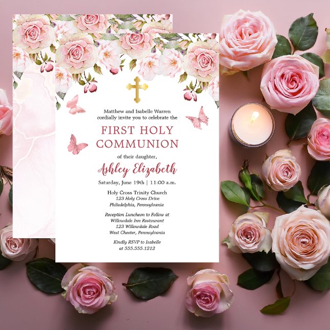 Pink Roses Butterflies Floral First Holy Communion Invitation (Elegant Pink Roses and Butterflies Floral First Holy Communion Invitation - Print | Digital Download)