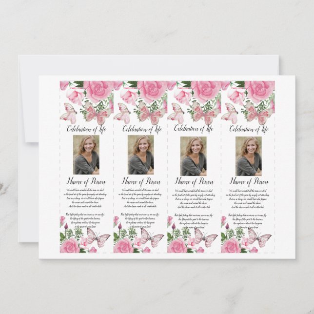 Pink Roses Butterflies Funeral Bookmarks Invitation (Front)