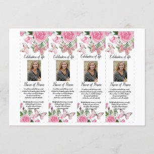 Pink Roses Butterflies Funeral Bookmarks Invitation