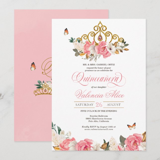 Pink Roses Butterflies Quinceanera Gold Tiara Invitation (Front/Back)