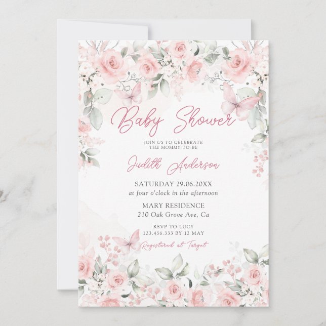 Pink Roses Butterfly Baby Shower  Invitation (Front)