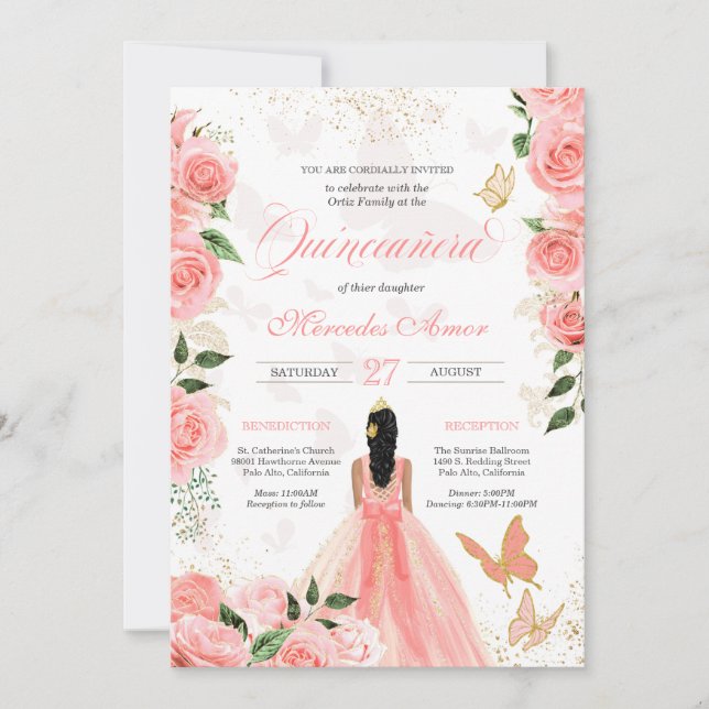 Pink Roses Butterfly Mariposa Quinceanera Invitati Invitation (Front)
