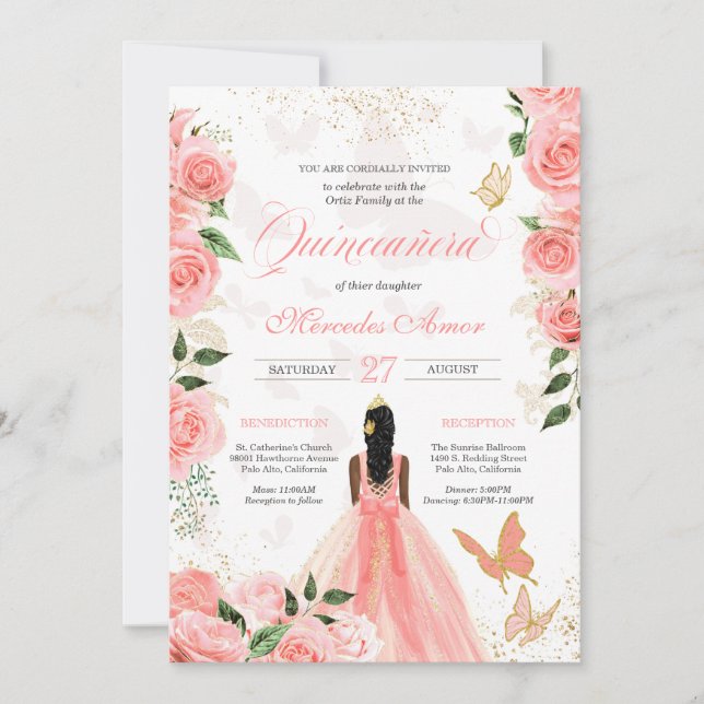 Pink Roses Butterfly Mariposa Quinceanera Invitation (Front)
