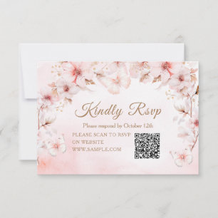 Pink Roses Butterfly Quinceañera Crown QR Rsvp Thank You Card