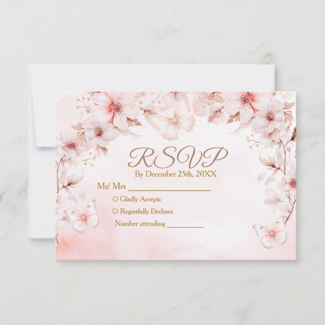 Pink Roses Butterfly Quinceañera Crown Rsvp Card (Front)