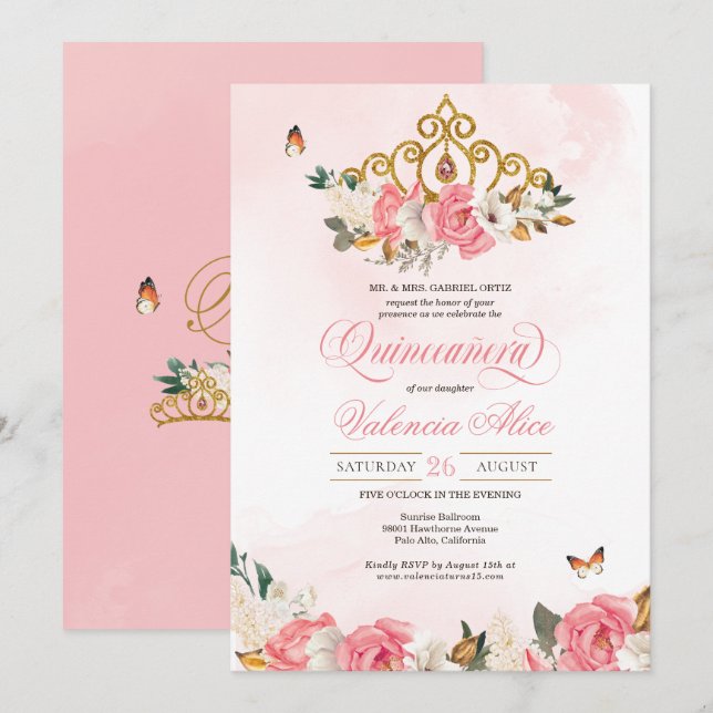 Pink Roses Butterfly Quinceanera Gold Tiara Invitation (Front/Back)