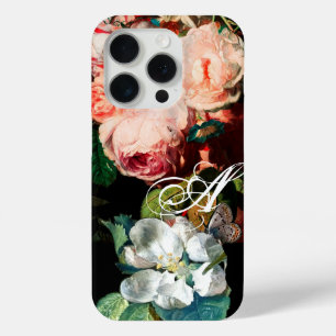 PINK ROSES,BUTTERFLY,WHITE FLOWER FLORAL MONOGRAM iPhone 15 PRO CASE