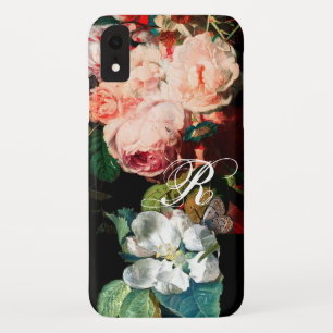 PINK ROSES,BUTTERFLY,WHITE FLOWER FLORAL MONOGRAM iPhone XR CASE