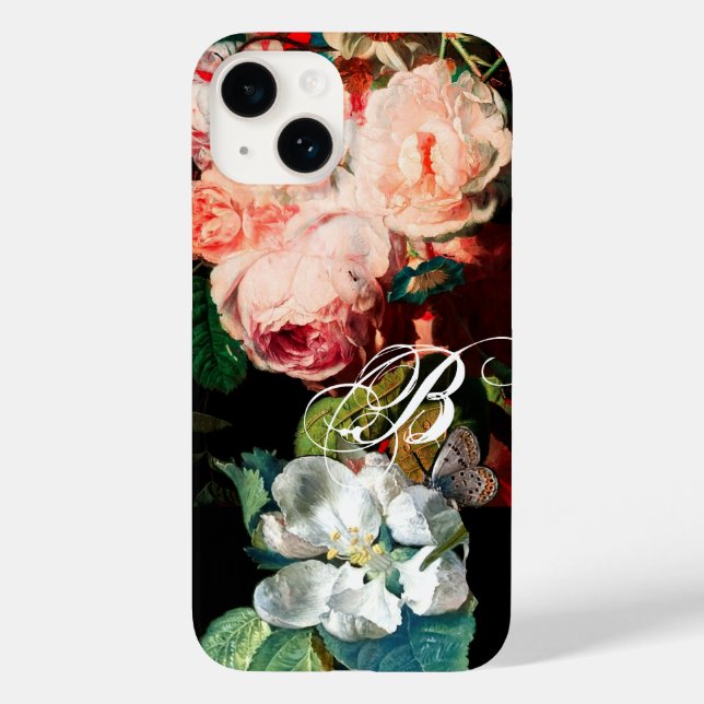 PINK ROSES,BUTTERFLY,WHITE FLOWER FLORAL MONOGRAM Case-Mate iPhone CASE (Back)