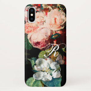 PINK ROSES,BUTTERFLY,WHITE FLOWER FLORAL MONOGRAM iPhone X CASE