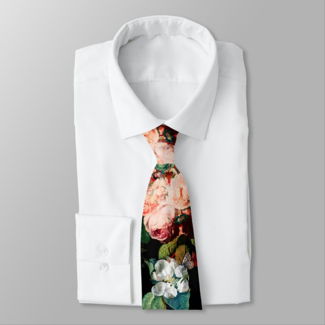 PINK ROSES,BUTTERFLY,WHITE FLOWERS IN BLACK FLORAL TIE (Tied)