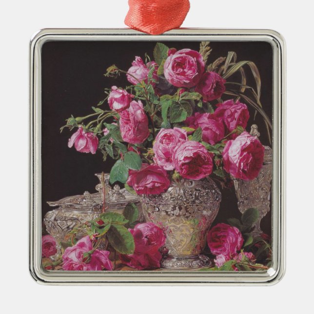 Pink Roses (by Ferdinand Georg Waldmüller) Metal Tree Decoration (Front)