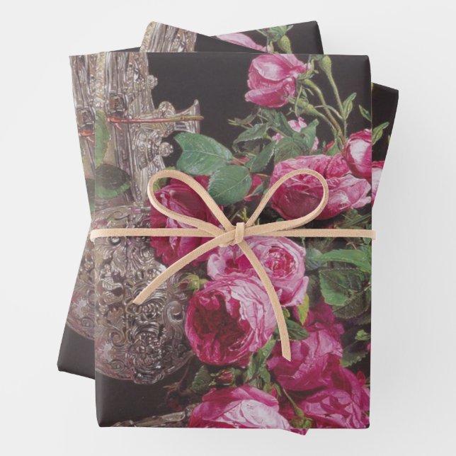 Pink Roses (by Ferdinand Georg Waldmüller) Wrapping Paper Sheet (In situ)