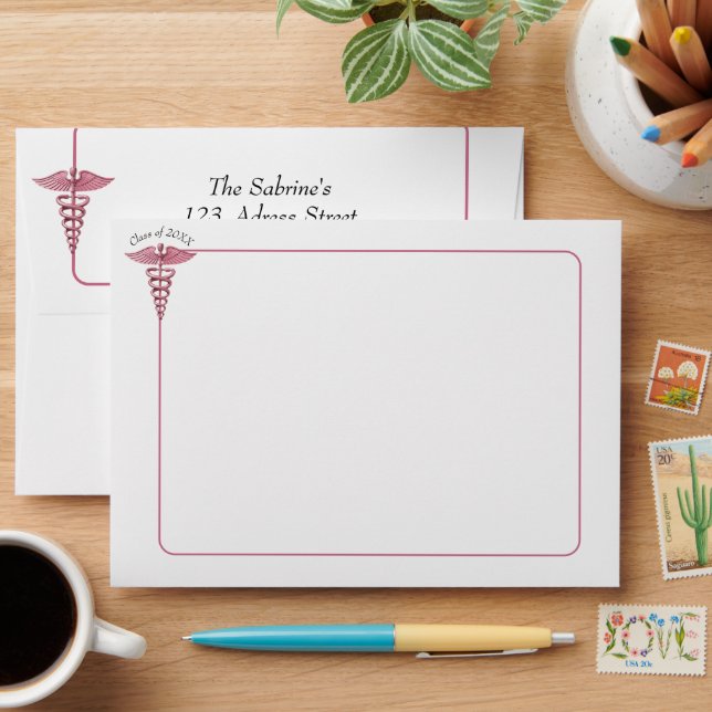 Pink Roses Caduceus Nurse Graduation envelope (Desk)