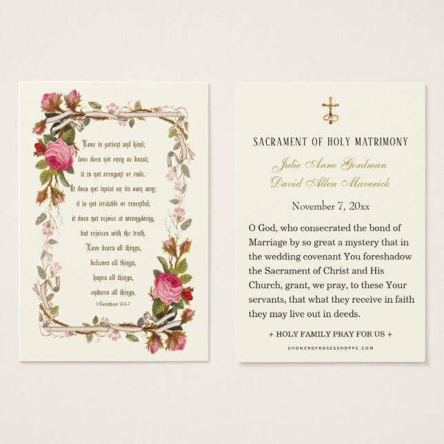 Pink Roses Catholic Wedding Prayer Card (Front & Back)