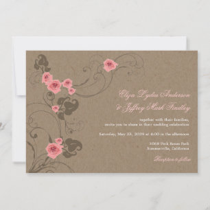 Pink Roses Chic Floral Kraft Rustic Wedding Invite