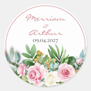 Pink Roses Classic Round Wedding Sticker