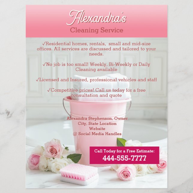 Pink Roses Cleaning Service Template Business Flyer (Front)