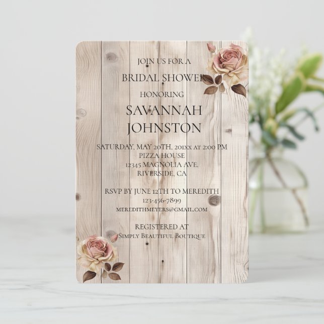 Pink Roses Cream White Wood Bridal Shower Invitation (Standing Front)