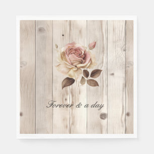 Pink Roses Cream White Wood Wedding Napkin